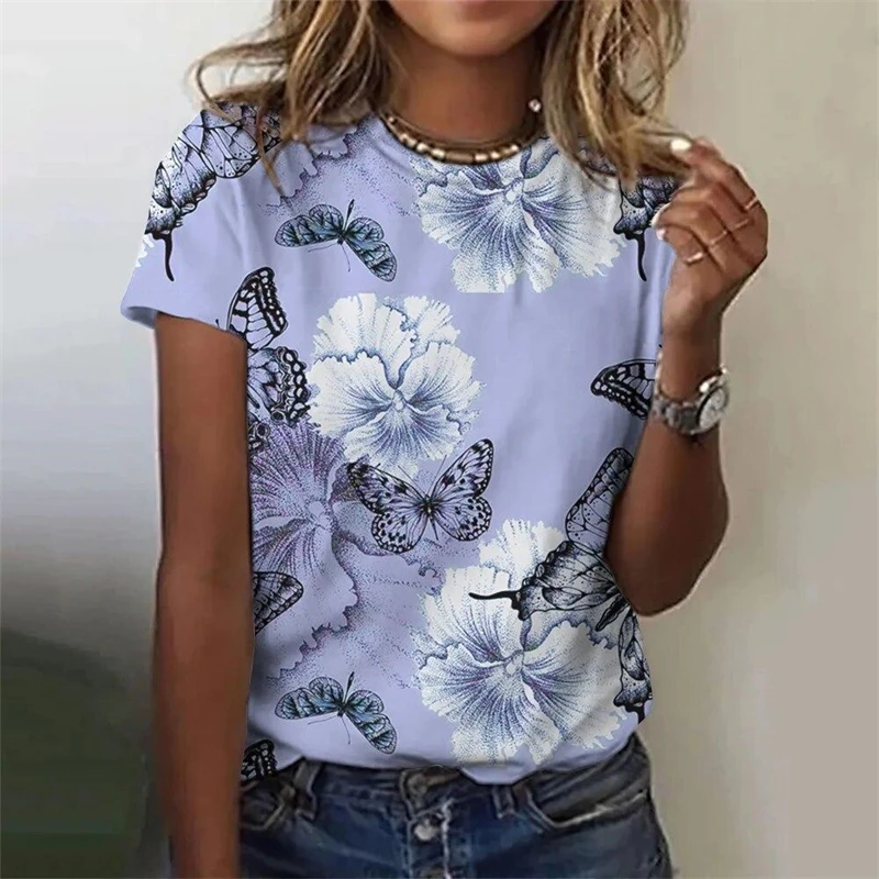 Estate Casual Vintage T-shirt da donna Donna 3D Stampa Farfalla O-Collo T Shirt Moda femminile Allentato Manica corta Top Tees