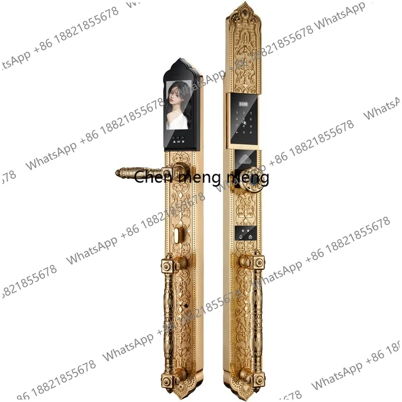 

3D facial recognition American fingerprint lock, visual cat eye entry double door copper door smart lock