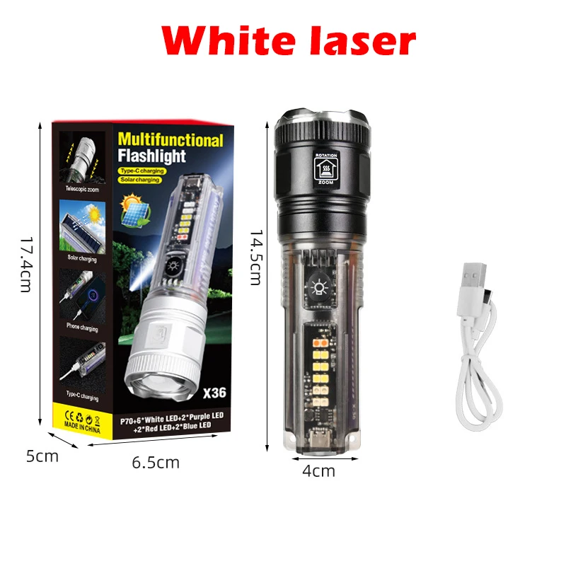 High Power White Laser Flashlight Super Bright LED Spotlight Long Range Torch Zoom Emergency Outdoor With Multiple Lighting Mode