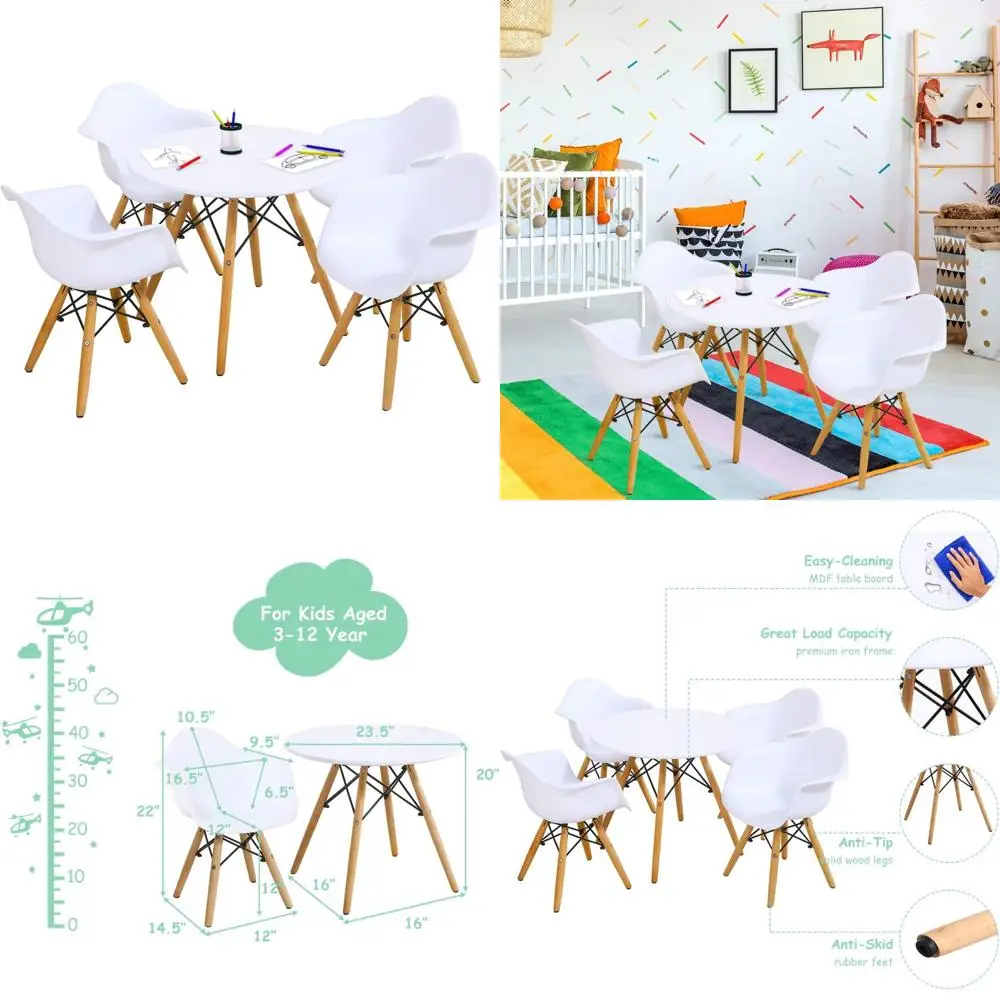 

Kids Table and Chair Set, Mid-Century Modern Style Table Set Round Table with Armchairs
