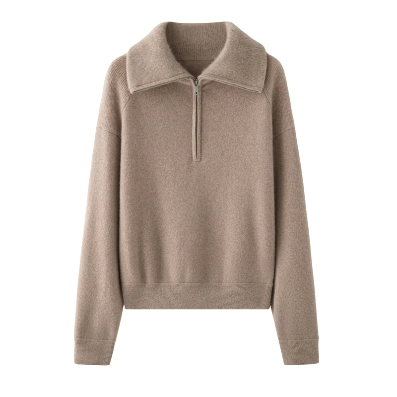 女性用100％カシミヤセーター、ジッパー付きニットセーター、タートルネック、厚手プルオーバー、プレッピースタイル、高級秋冬カシミヤトップス