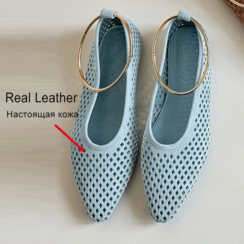 Women's Leather Flats with Ankle Strap - Office Casual Shoes