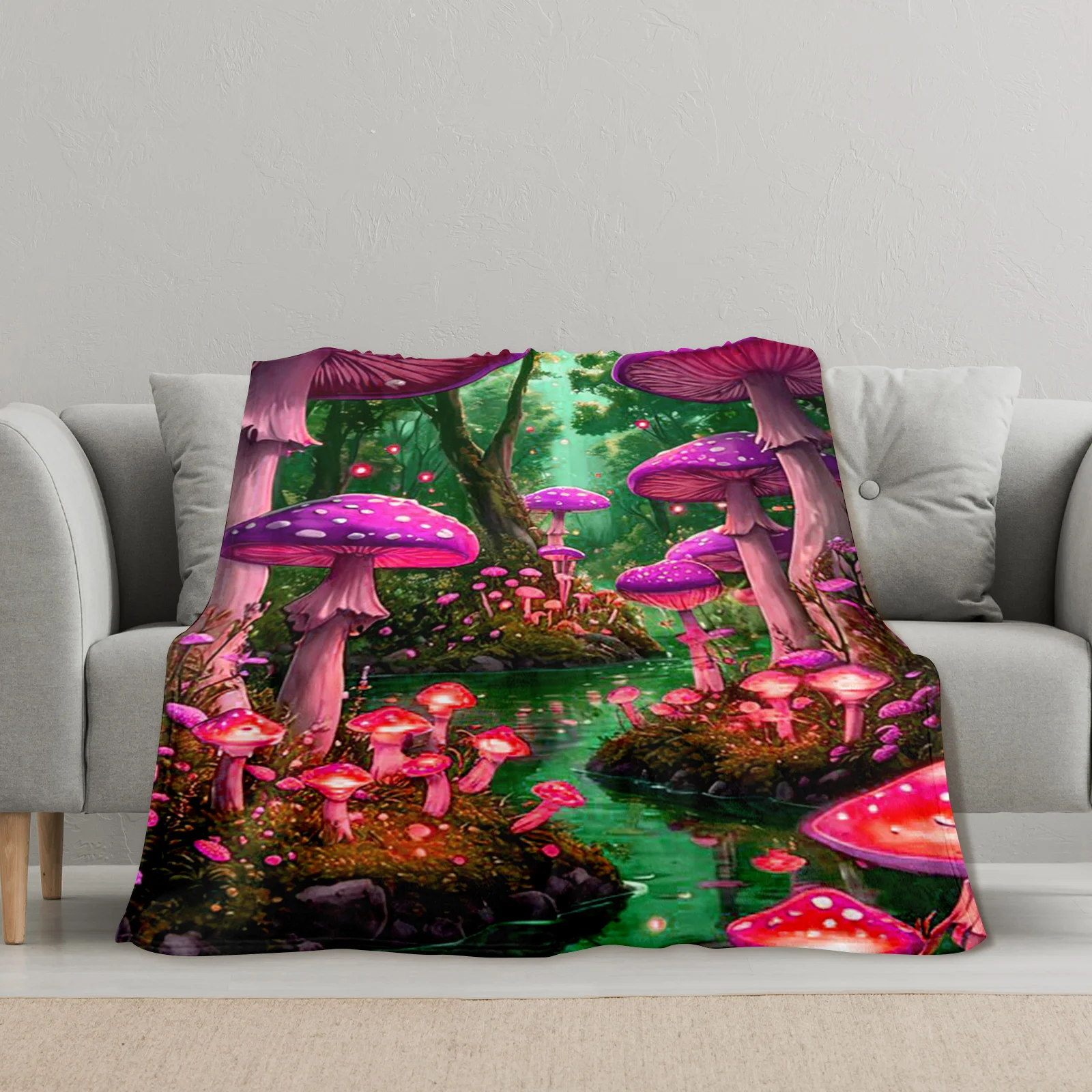 Manta con estampado de setas, magenta, verde y río, para decoración del hogar inspirada en la naturaleza, con acento esencial