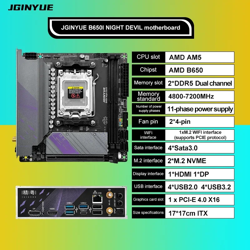 

New! JGIN.YUE AM5 Motherboard supports AMD Ryzen 7000 series CPU processors DDR5 dual channel Memory RAM ITX B650i Night Devil