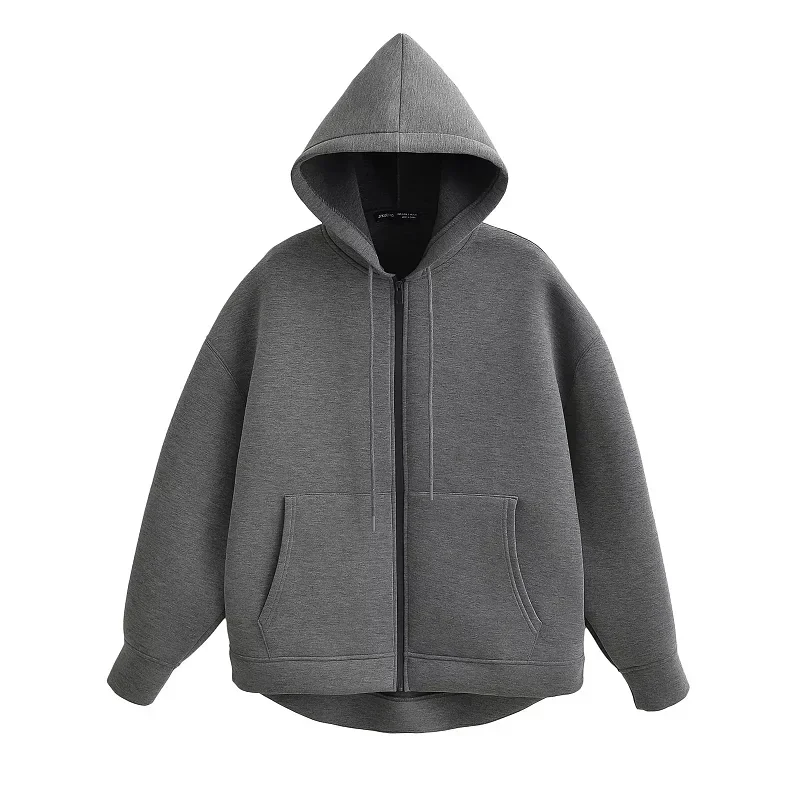 TRAF Grey Women\'s Outerwears Bomber Varsity Jacket Coat 2025 Spring Autumn Ladies Fashion Casual Long Sleeve Black Jackets