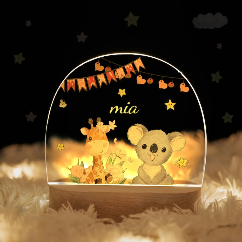 Imagem -04 - Personalizado Baby Night Light com Usb Base de Madeira Nome Personalizado Animal Elefante Girafa Abajur Arco-íris Decoração Quarto