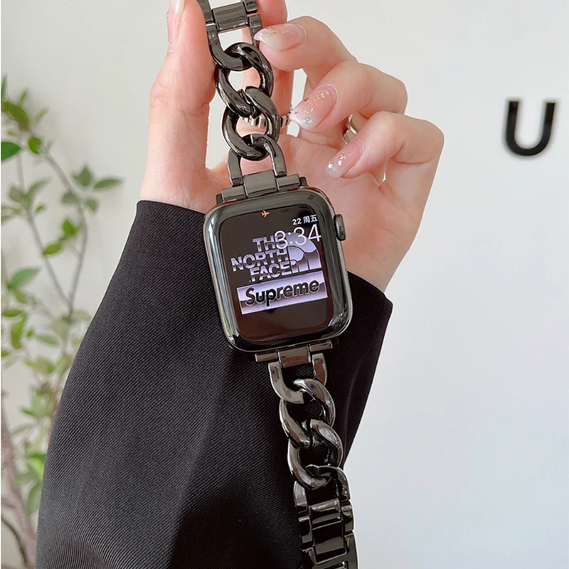 Роскошный металлический ремешок для Apple Watch Series 9 Ultra 8 7 SE 6 5 4 3, браслет с одной цепочкой для iWatch Band 38/40/41/42/44/45/49 мм