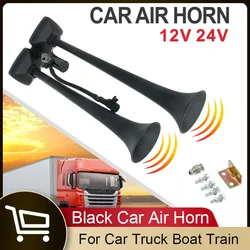 Bocina de aire eléctrica para coche, bocina Universal de 12V y 24V, doble trompeta, superfuerte, negra, compresor de barco, altavoz de camión, pieza de coche