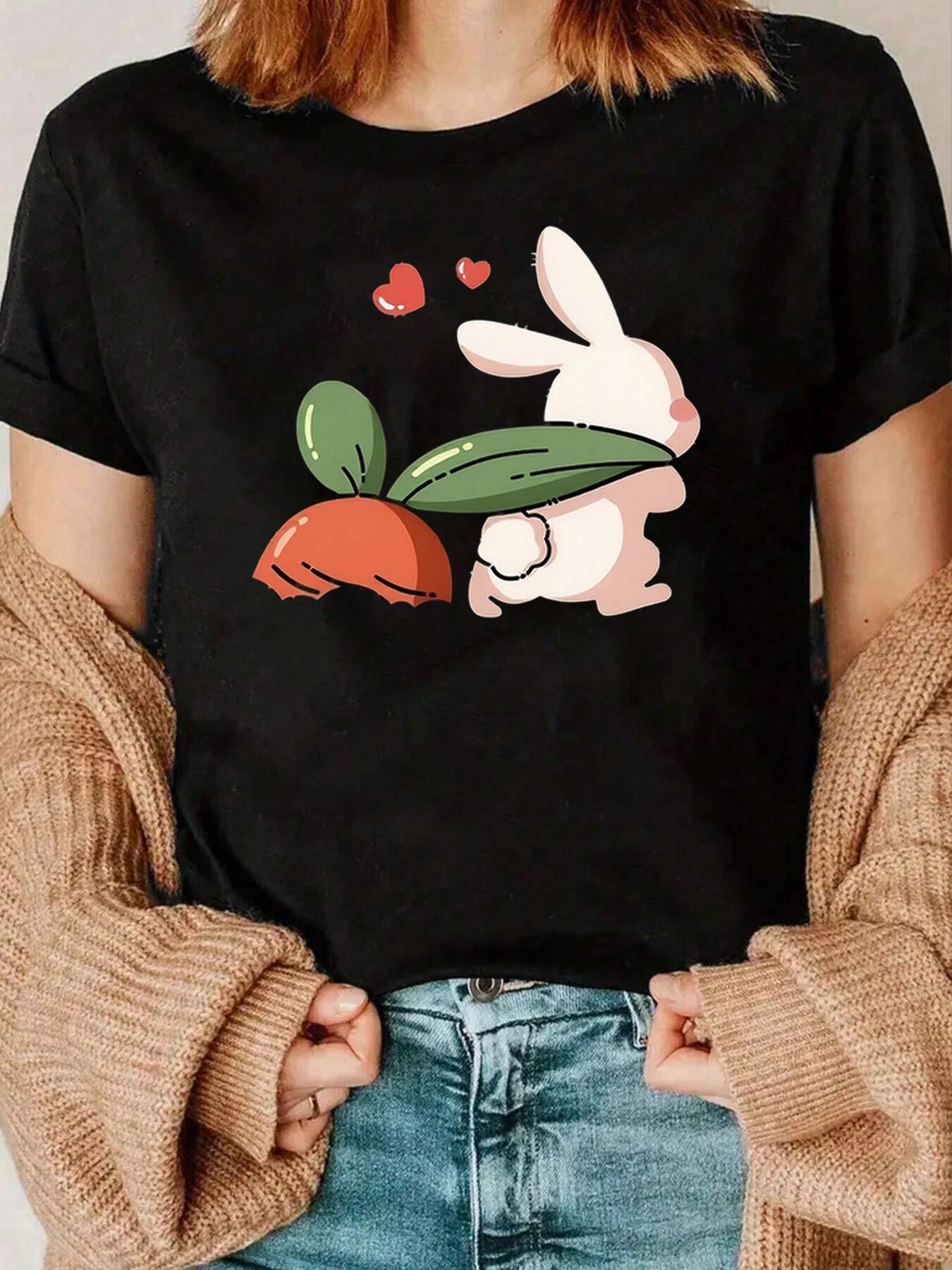 

Cute Bunny And Carrot Print Easter T Shirt For Women Casual Wear 220g