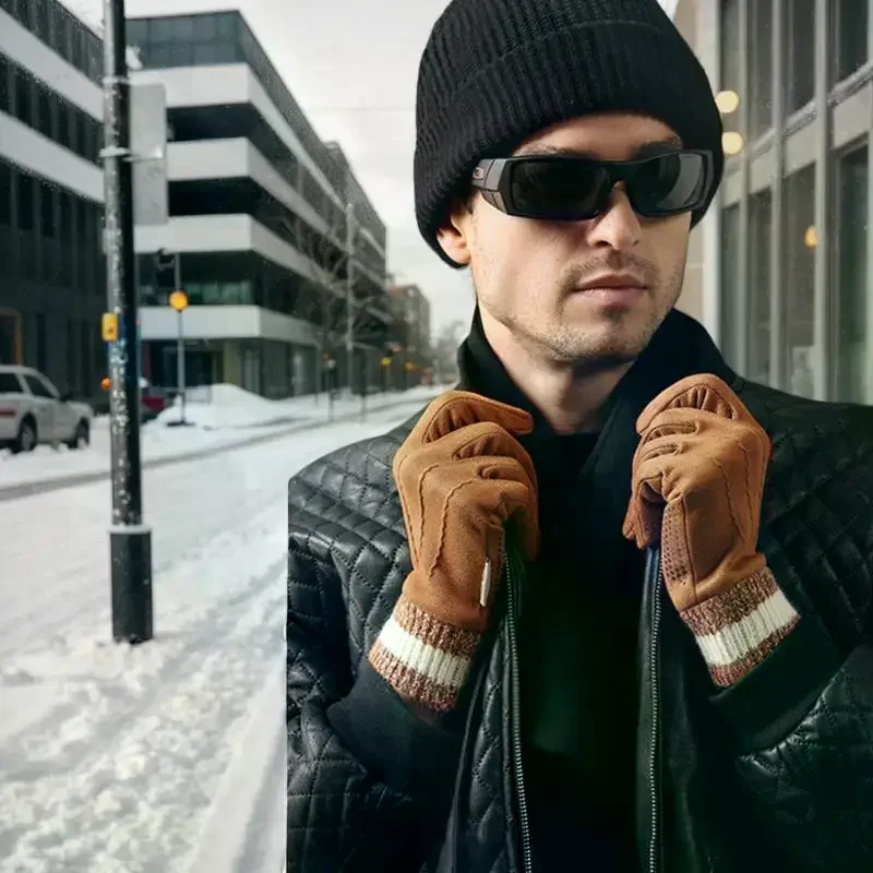 冬スエード手袋屋外サイクリング防風フリップフィンガータッチスクリーン手袋男性冬肥厚運転手袋男性用ギフト