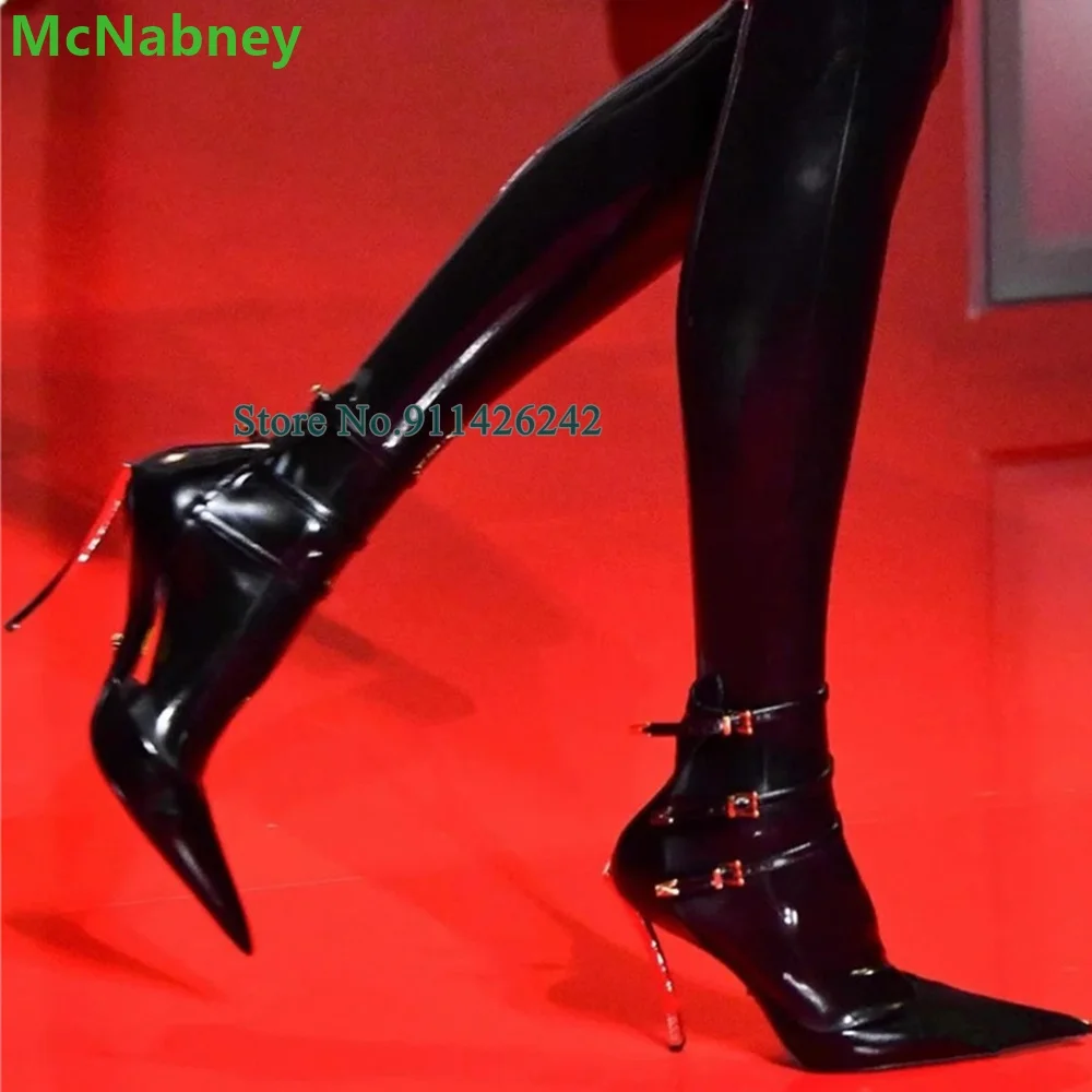 Ankle Buckle Design Metal Thin High Heel Pumps For Female Women Pointed Toe Sexy Hollow Leather Fabric Fashion Elegant Shoes