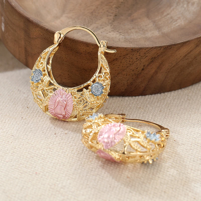 Fashion Gold Color Metal Hollow Geometry Carving Pattern Hoop Women's Earrings Jewelry