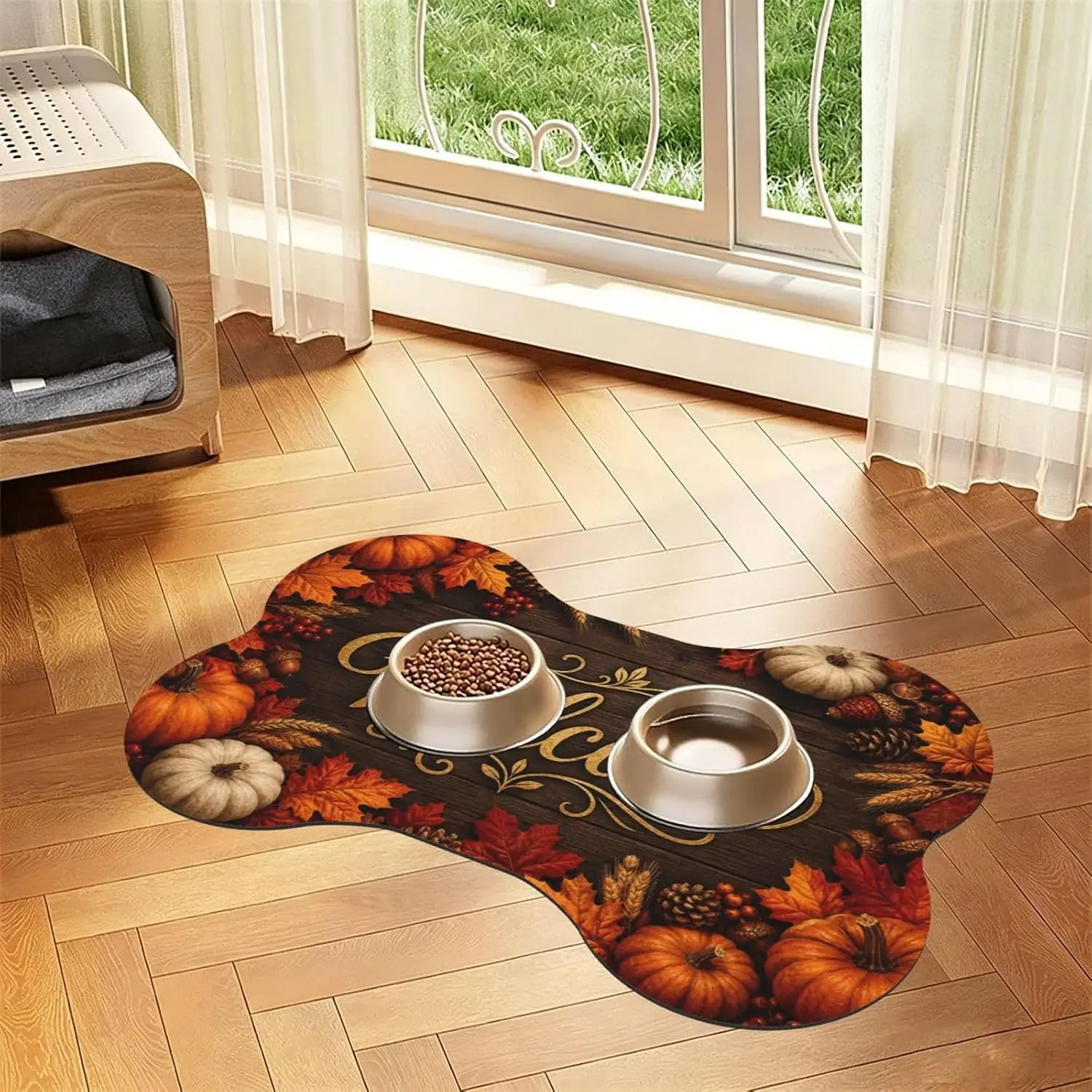 Autumn Welcome Pumpkin Leaves Bone Shaped Pet Feeding Mat 12