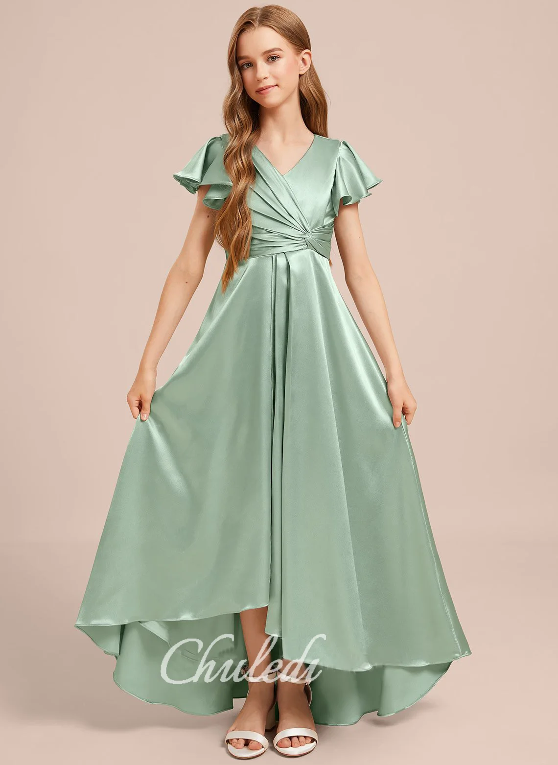 

A-line V-Neck Asymmetrical Stretch Satin Junior Bridesmaid Dress