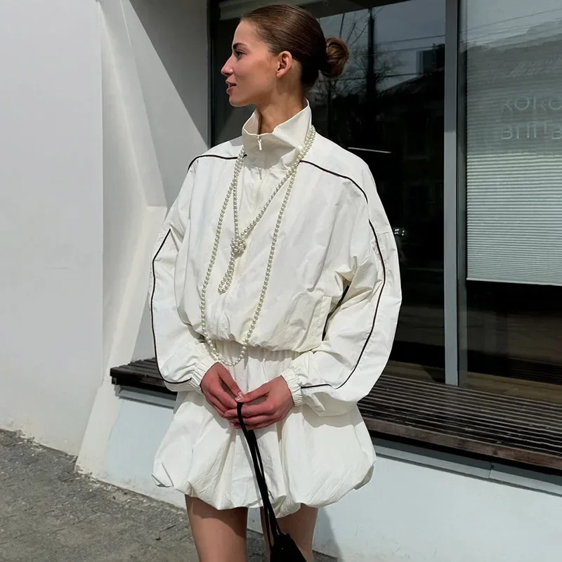 

Casual Sports Short Skirt Set Women's Lapel Zipper Jacket Coat 2025 Autumn New Loose Folds Skirt Matching Sets Fashion