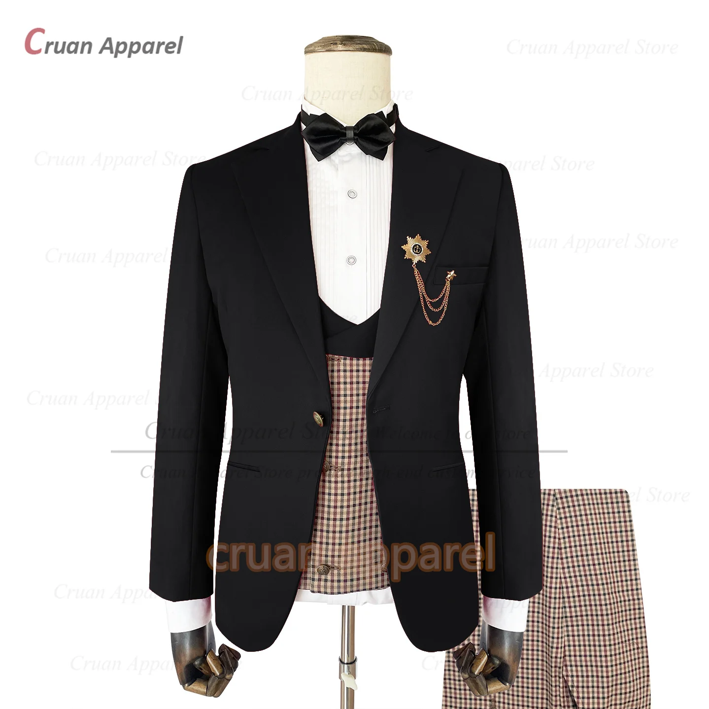 Conjunto de traje marrón clásico para hombre, Blazer a cuadros, chaleco y pantalones, 3 piezas, Formal, hecho a medida, elegante, ajustado, para