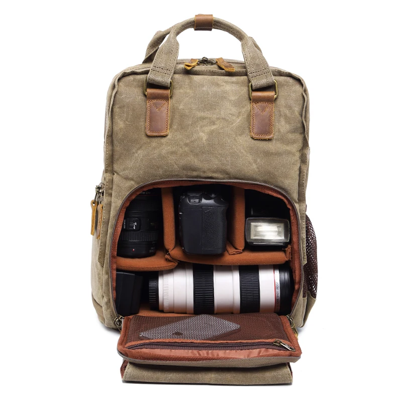 Photography Camera Backpack Waterproof 16oz Waxed Canvas leather DSLR SLR Backpacks with 15” laptop compartment Tripod Holder