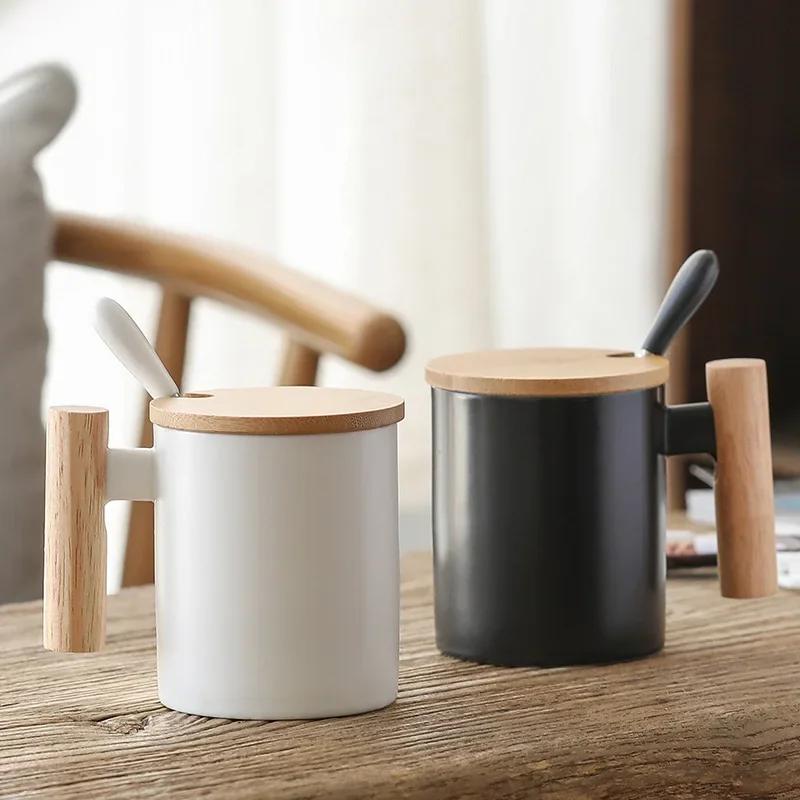 310ml Simple Style Ceramic Water Cup with Wooden Handle Coffee Mug with Lid Stainless Steel Spoon Tea Cup Modern Couple Cups