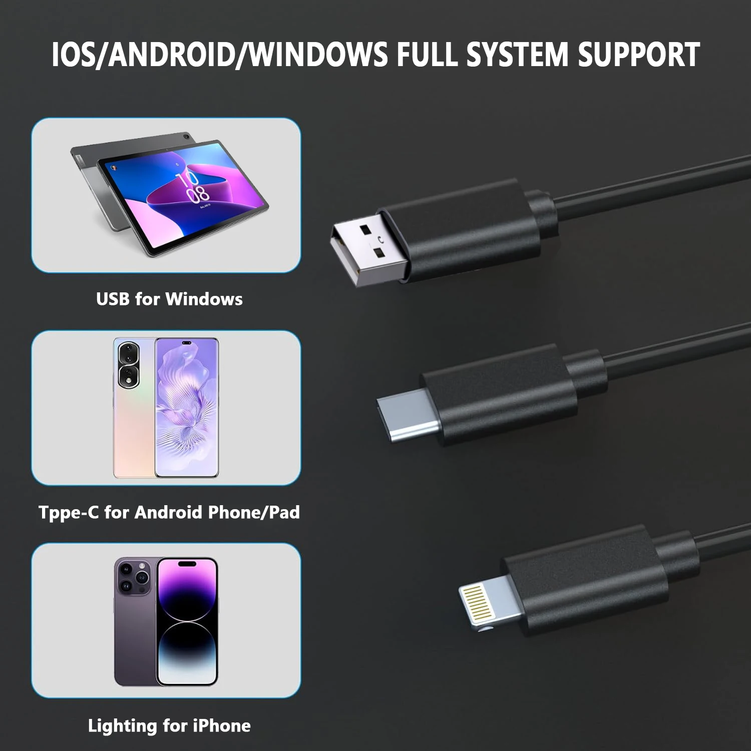 3in1 Usb Video Endoscope Endoscopic Cable Pipe Sewer Inspection Camera For Iphone Ios Usb Type C 1080p Full Hd Android Cars