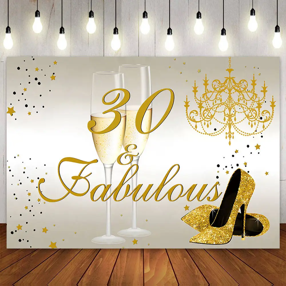 

Happy 30th Birthday Backdrop for Women Party Decoration Banner Champagne Rose Gold High Heels Fabulous Photography Background