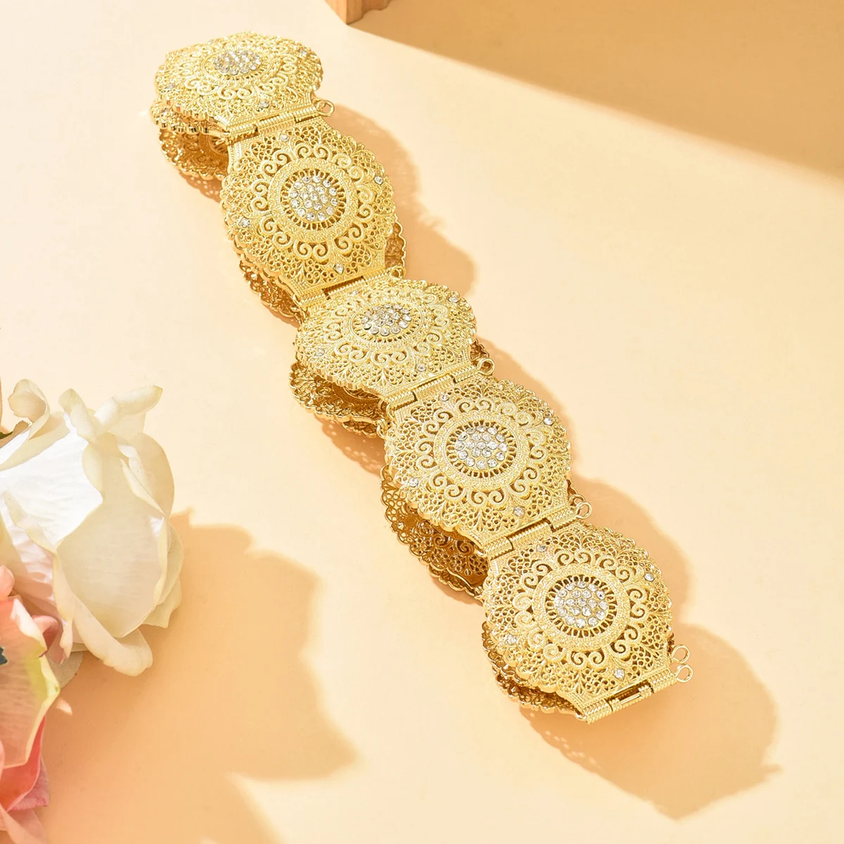 

Arabian Ethnic Bridal Belt - Gilded Filigree With Sparkling Crystal Accents For Regal Wedding Gown Elegance