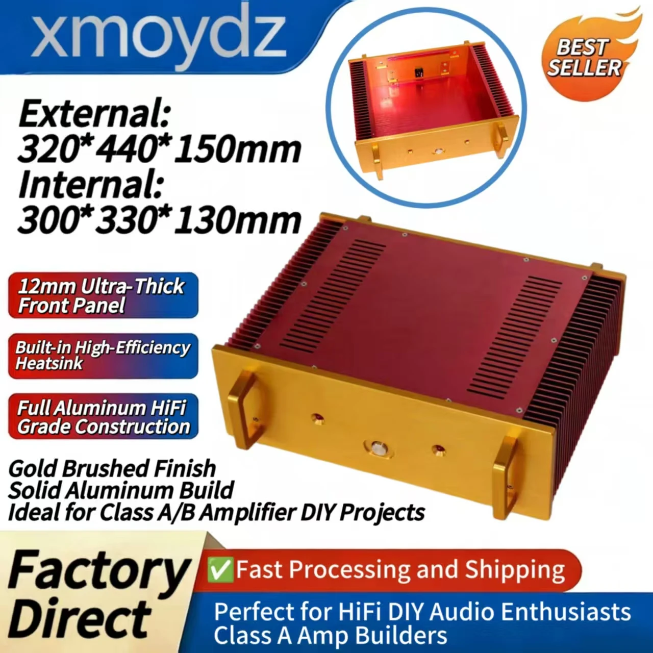 

Корпус для Hi-Fi усилителя 320*440*150 мм, полностью алюминиевый, с радиатором, для самостоятельной сборки, внутренний размер 300*330*130 мм