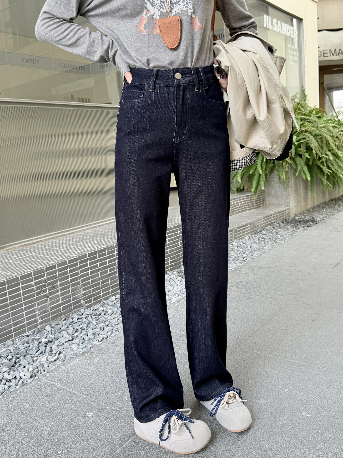 

Женские джинсы Slim Straight из синего денима, осенне-зимние, с высокой талией, прямые, широкие, модные и стройнящие