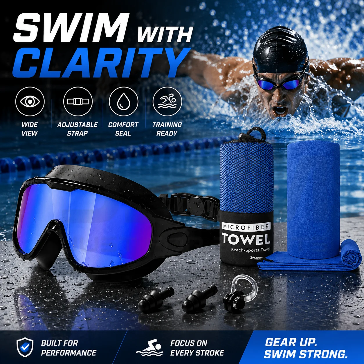 JSJM New Professional Adult Swimming Goggles Kit Anti Fog UV400 Wide Vision Swim Mask with Ear Plugs Nose Clip Quick Dry Towel