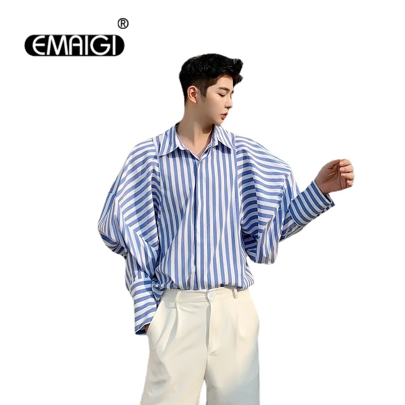 

Men Retro Fashion Puff Sleeve Casual Stripe Shirt Male Streetwear Vintage Punk Gothic Loose Dress Shirts Stage Clothing