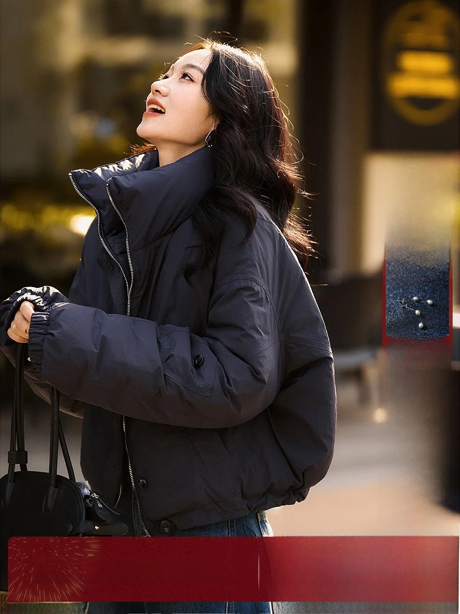 

Double-Sided Wear ort down Jaet White Goose down Stand Collar Flat Stitching Casual Sle Regular Fit Warm Polyester Fiber