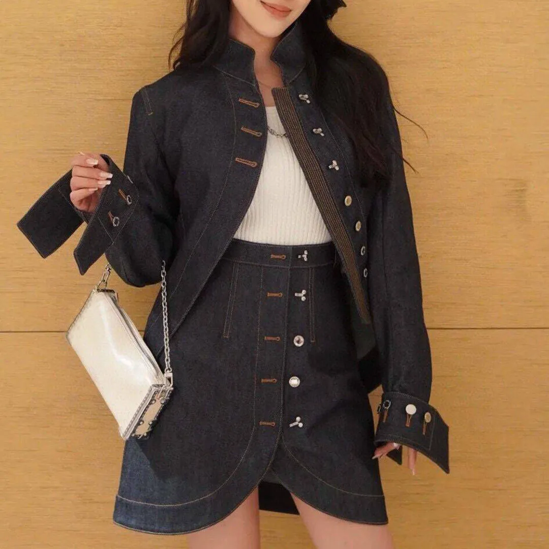 2024 New Autumn Fashion Vintage Navy Denim Mini Skirts Womens High Waist Single Breasted Split Novelty Streetwear Skirt