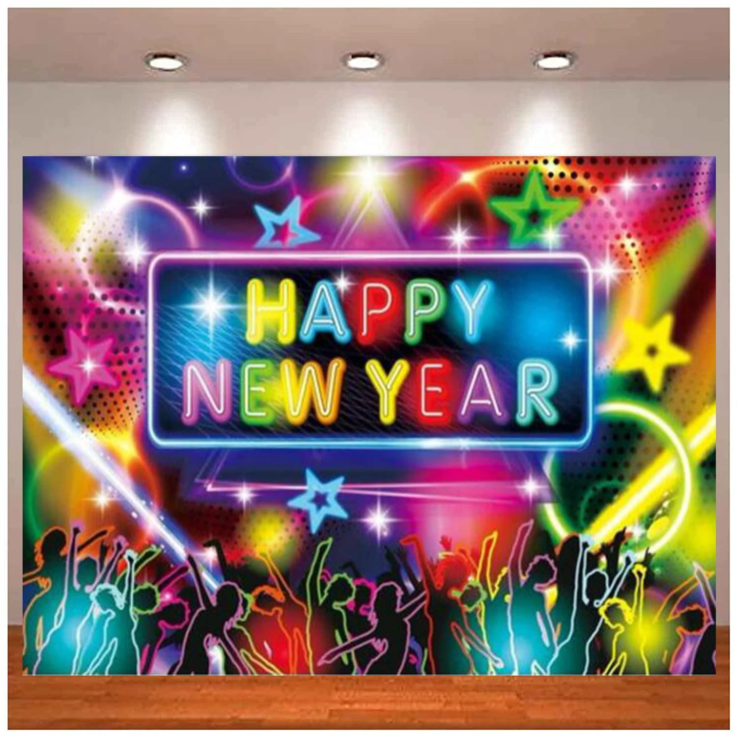 

Neon New Year Eve Backdrop Glow In Dark Cheers Festival Holiday Party Supplies Banner Colorful Background Cake Table Decor