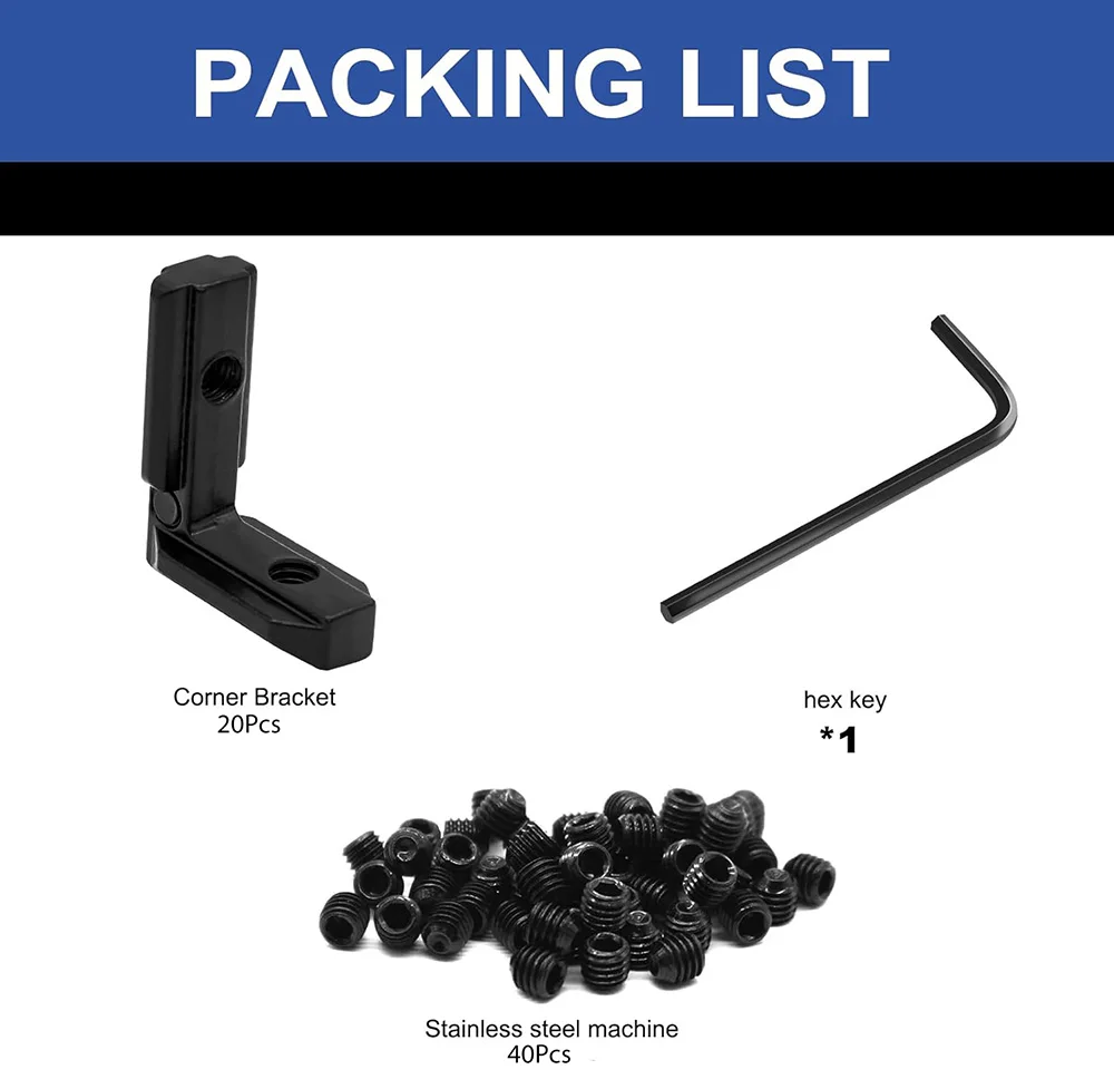 20Pcs Black L Shape Inner Corner Joint Bracket with Screw and Wrench for 2020 3030 4040 Series Aluminum Extrusion Profile