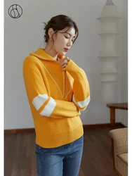 DUSHU Women's Winter Zipper Cardigans Lapel Yellow Sweaters Slim Contrasting Color Commuter Thicken Sweater Women Straight Tops