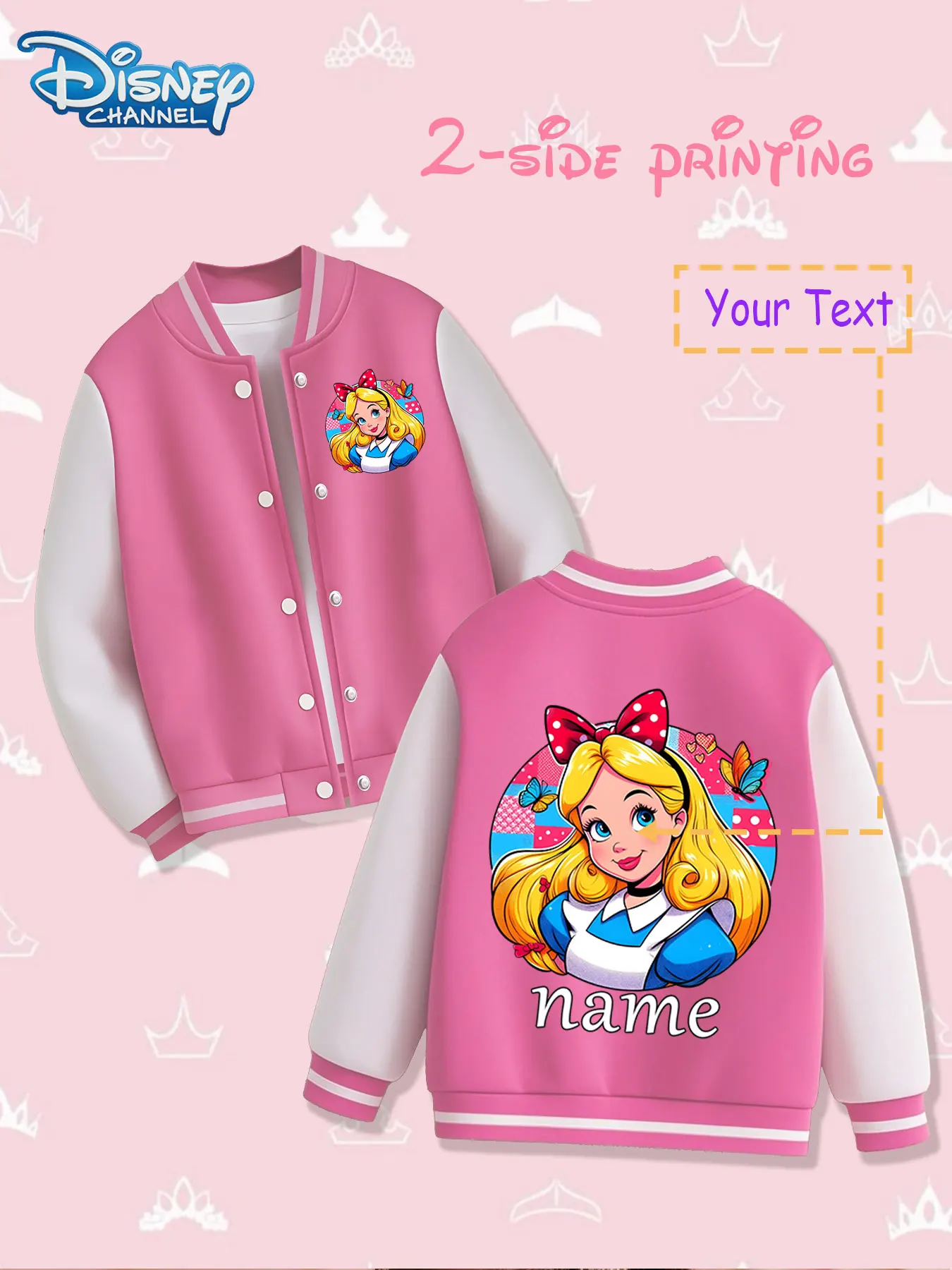 سترة بيسبول للأطفال من MINISO Disney Alice Fantasy - تم تقديم صورة أليس اللطيفة على كلا الجانبين، بخلفية حمراء #5