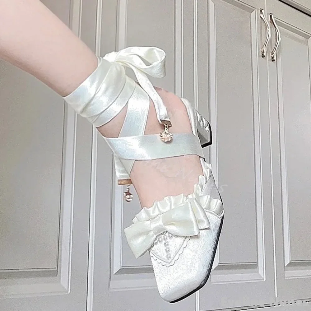 

Pink Purple Cross Strap Ballet Shoes Women Satin Ribbon Butterfly Knot Square Toe Chunky Heels Slipper 2025 Cute Lolita Pumps