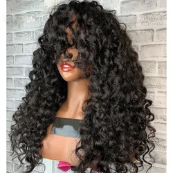 Soft Natural Black 26Inch Kinky Curly Long 180Density Machine Wig With Bangs For Women High Temperature Fiber Glueless Daily