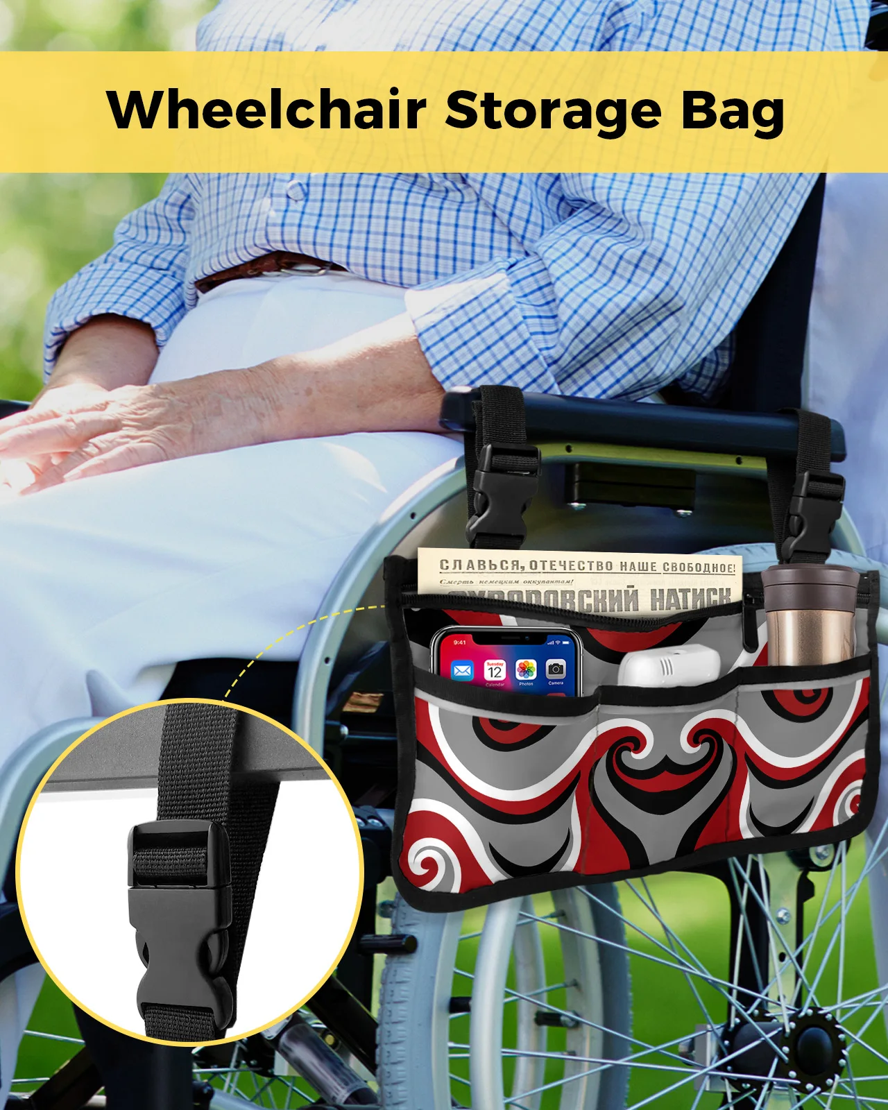 Abstract Vortex Red Wheelchair Bag With Pockets Reflective Strips Armrest Side Bags Electric Scooter Walking Frame Storage Pouch