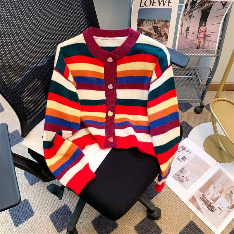 Y2K Color Round Neck Color Collision Cashmere Jacket Women's Clothing Knitting Sweater Cardigan Vintage Fashion Autumn Tops