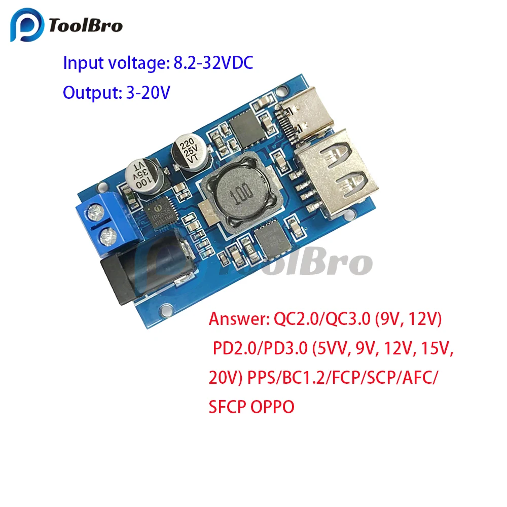 USB Type-C QC3.0 QC2.0 Fast Quick Charging Module PD Trigger Charger Board DC 8.2-32V to 3-20V for iPhone Huawei Samsung AFC FCP