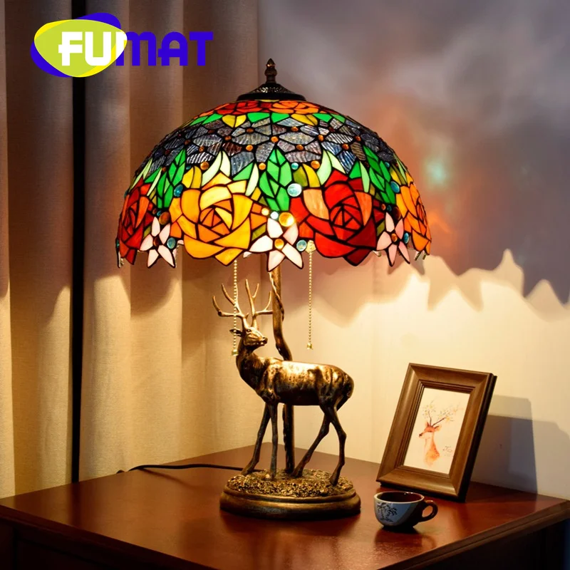 

FUMAT Tiffany stained glass desk lamp retro style elk rose art Deco living room study bedroom Bedside task lamp