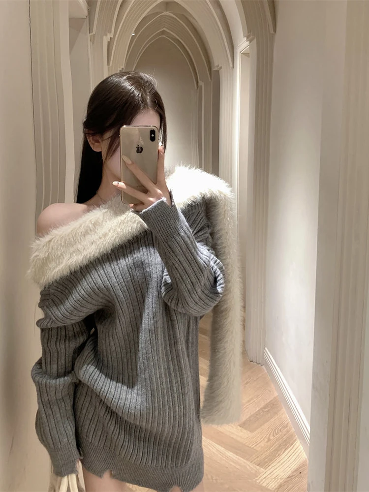 Off Shoulder Knit Sweater Women Slash Neck Fur Collar Patchwork Sexy Hottie Pullovers Soft Lazy Wind Autumn Winter Retro Jumpers