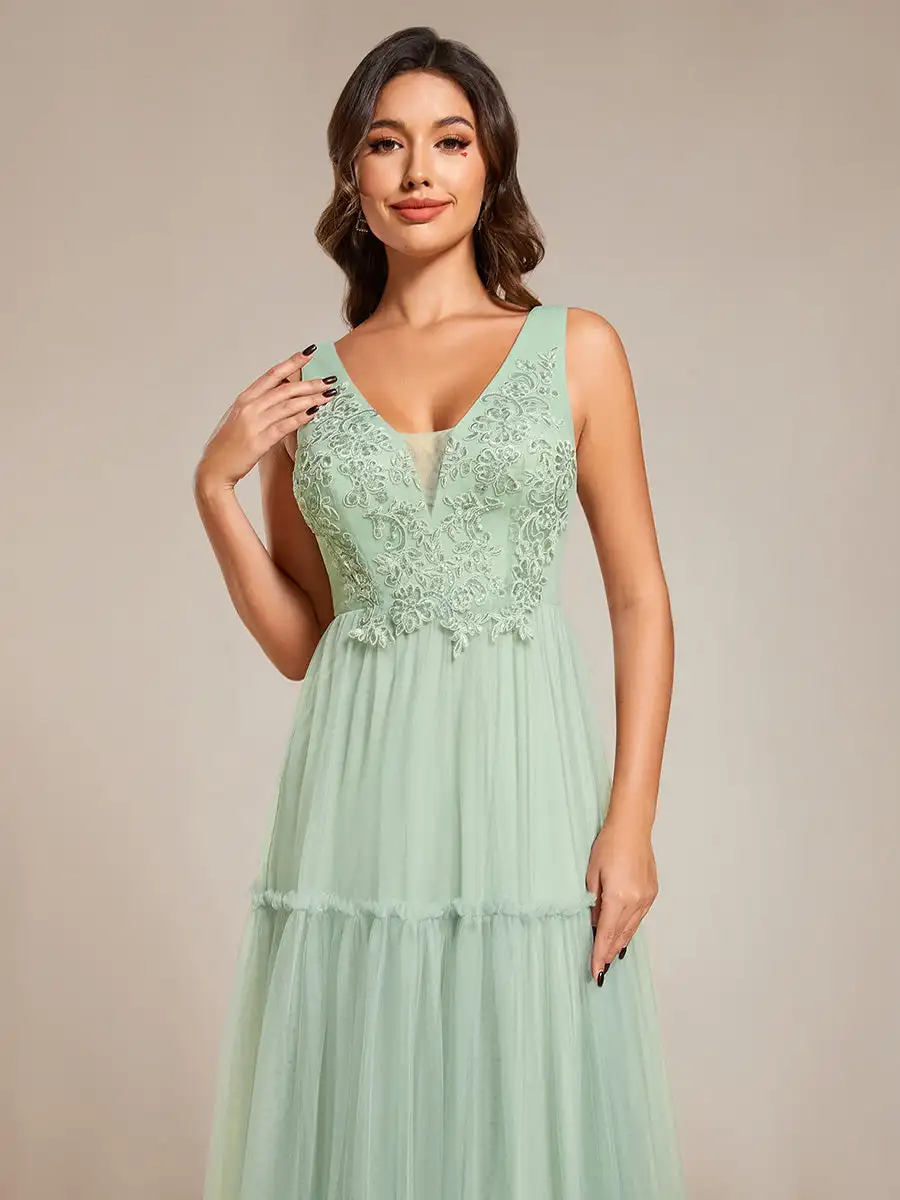 Sempre bonita vestido de dama de honra, vestido de noite elegante, decote v profundo, sem mangas, chiffon, verde hortelã, 2024