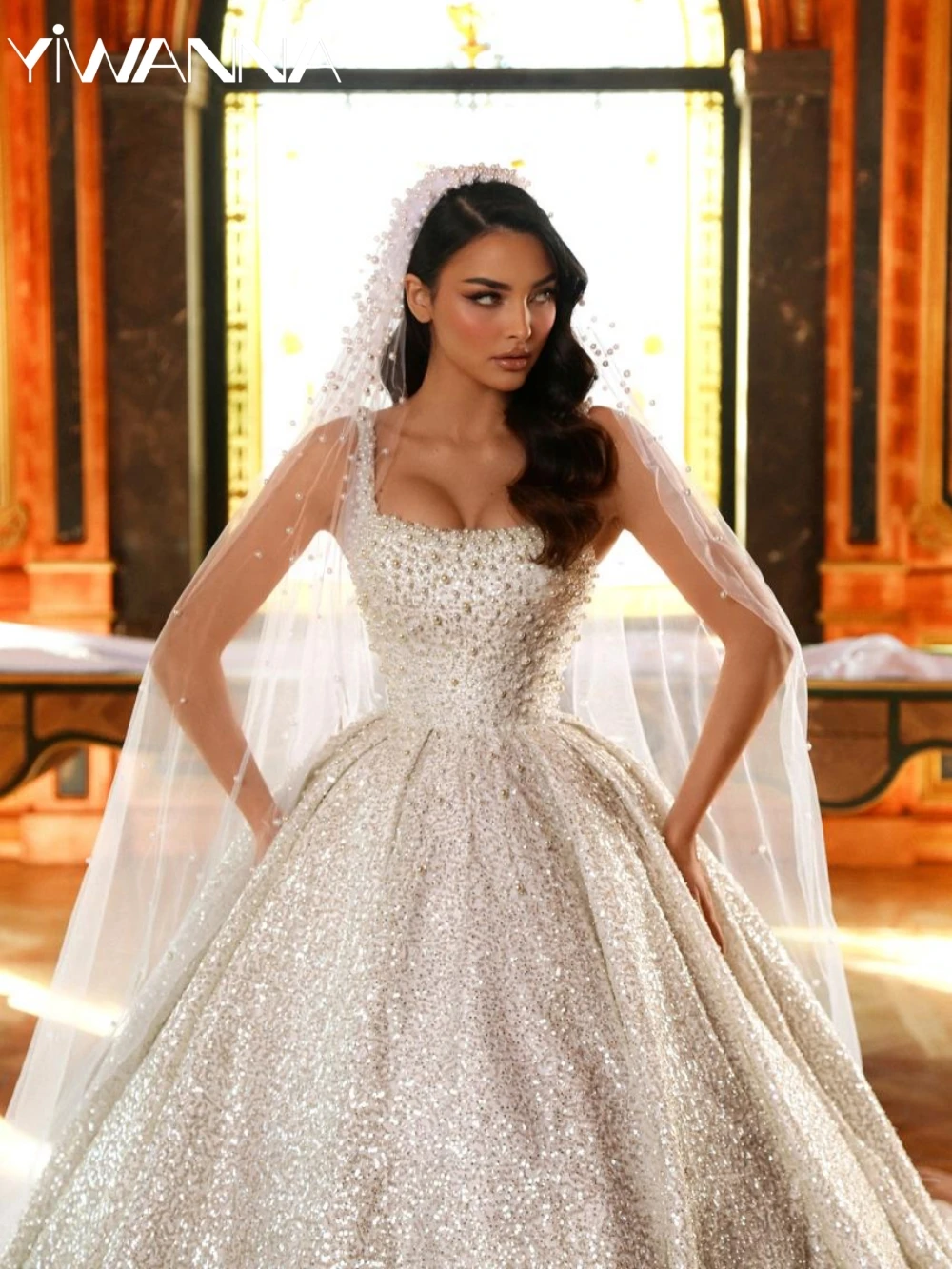 

Gorgeous Sequined Pearls Ball Gowns Wedding Dress Modest Square Neck Bridal Gown Customized Charming Elegant Dresses For Bride