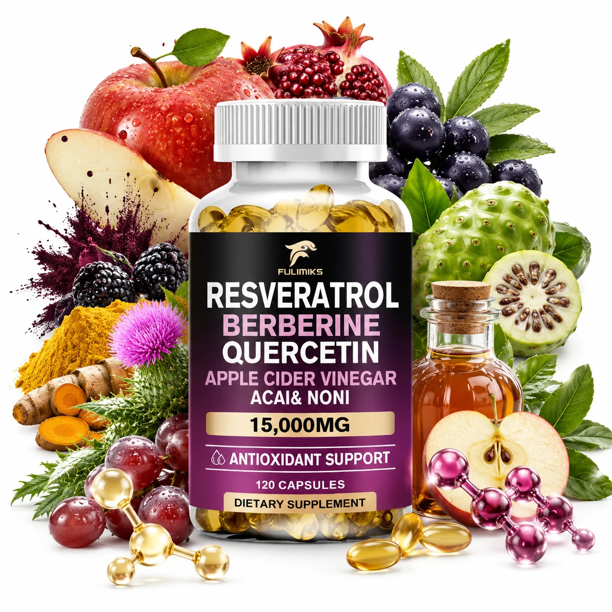 Resveratrol & Berberine Supplement, with Apple Cider Vinegar & Acai, Supports Antioxidant Defense, Metabolism & Healthy Aging