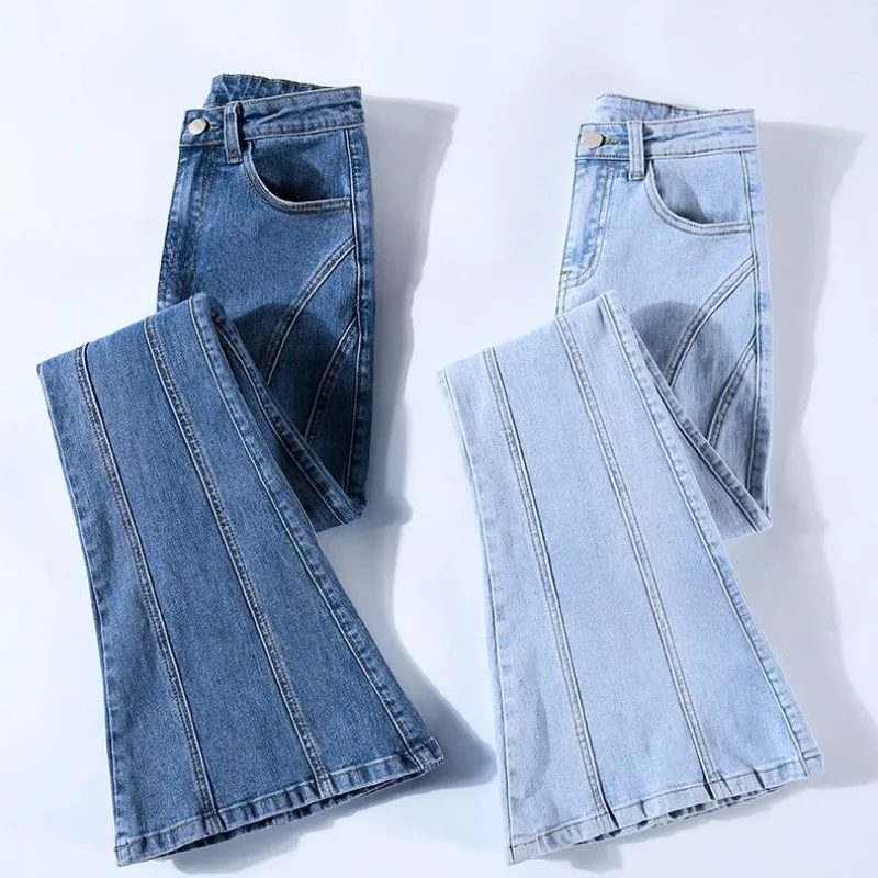 Women Flare Jeans Fashion Patchwork Trousers Wide Leg all-match Denim High Street Classic Vintage Female Designed Solid Sweet