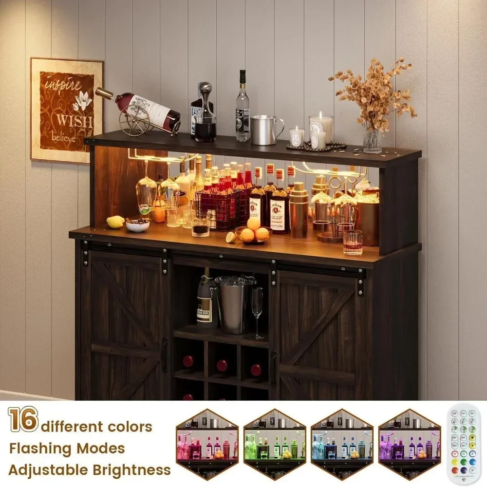 Bar Cabinet, 47” Buffet Sideboard with 4 Glass Hooks & 9 Wine Racks, Coffee Bar Cabinet with Sliding Barn Door Bar Cabinet