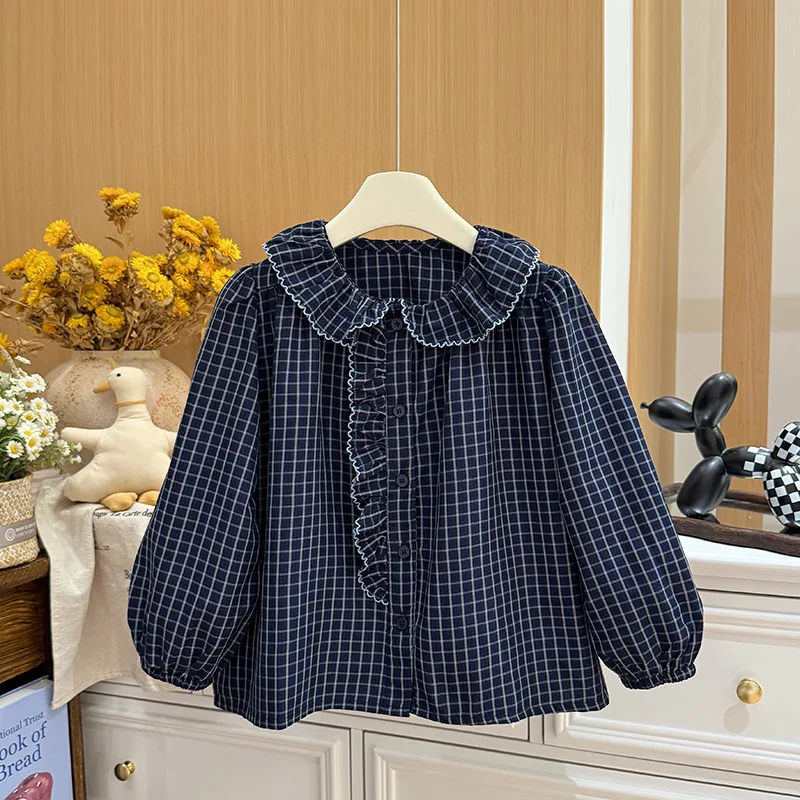 Girls Shirt 2026 Spring and Autumn New Children's Clothing Korean Style Girl Baby Casual Pure Cotton Plaid Lace Doll Shirt
