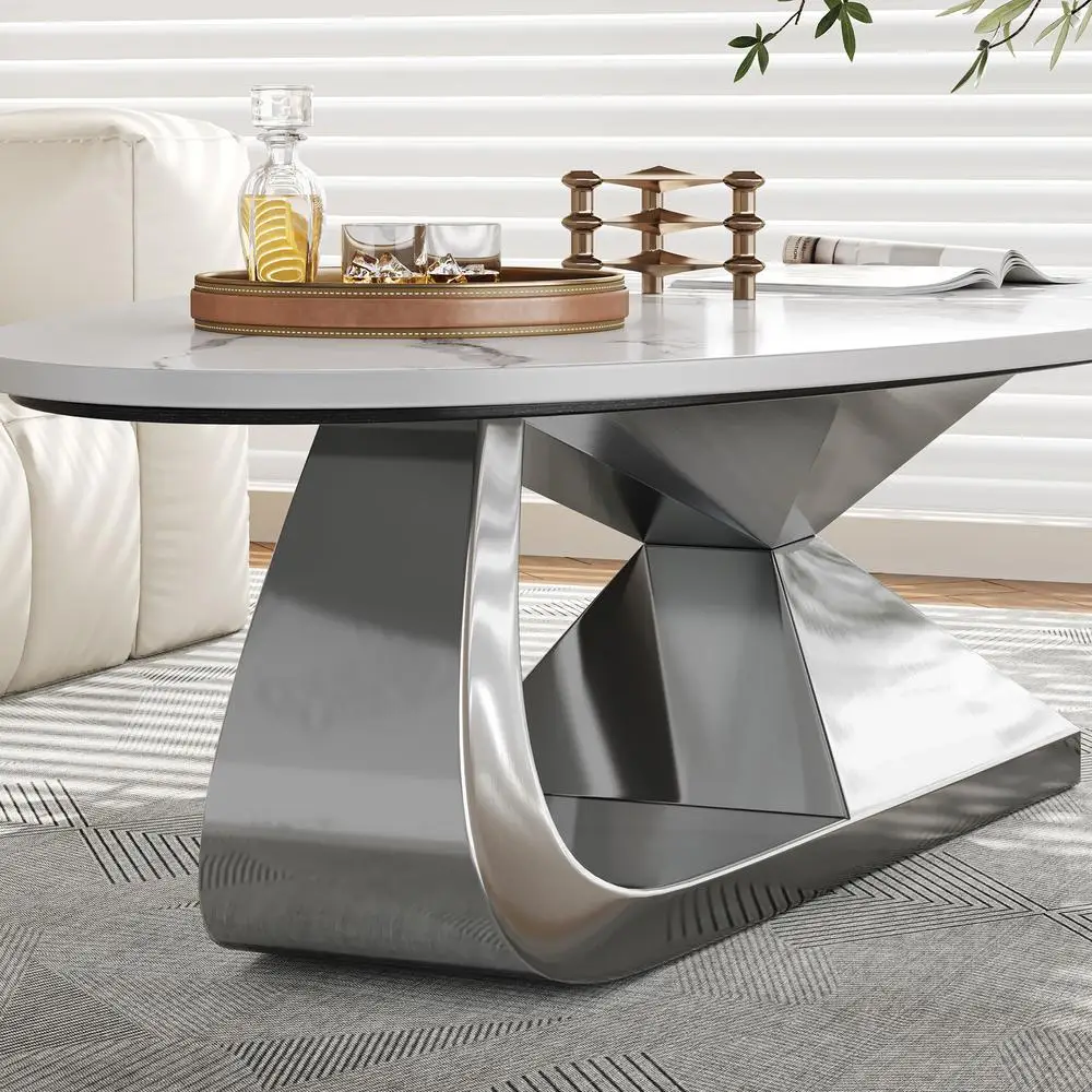 Meja Kopi Batu Sinter Modern Permukaan Marmer Imitasi Alas Baja Tahan Karat Bentuk Kerikil Hiasan Ruang Tamu