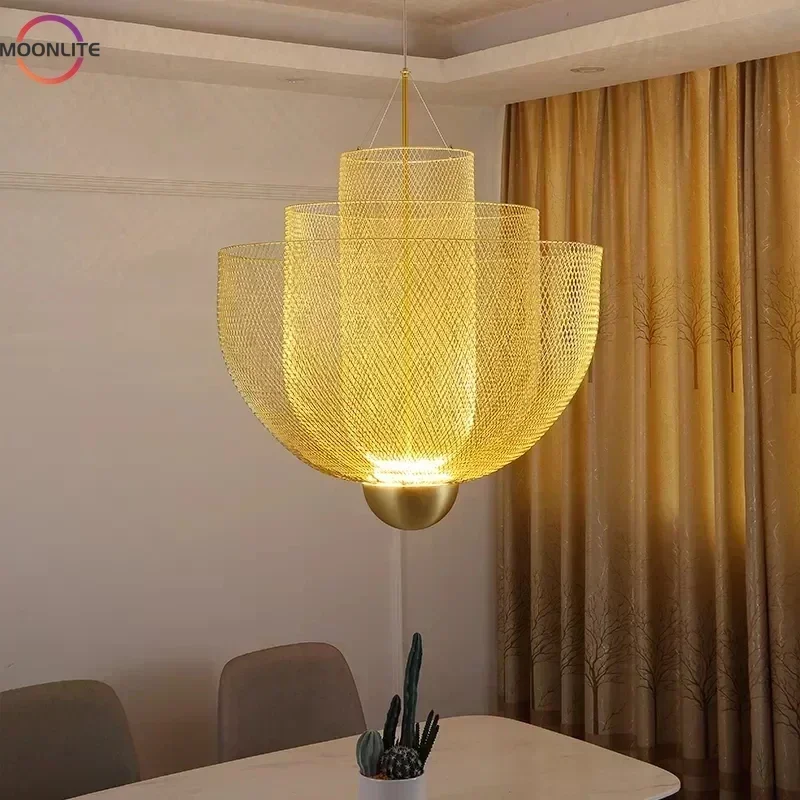 Iron Art Mesh Chandelier Metal Grid Pendant Light Italy Design LED HanglampDining Room Restaurant